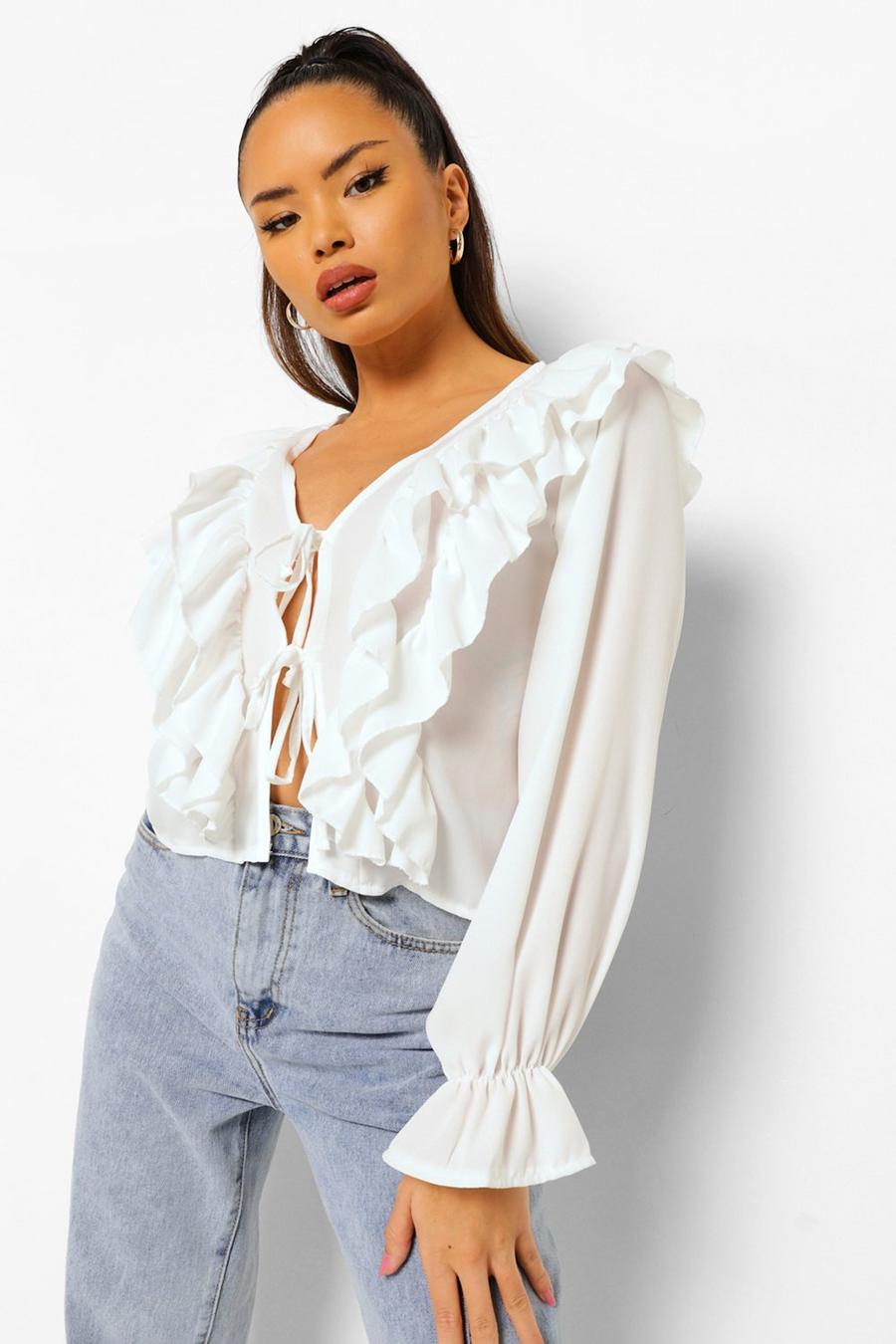 Ivory Woven Ruffle Tie Detail Blouse image number 1
