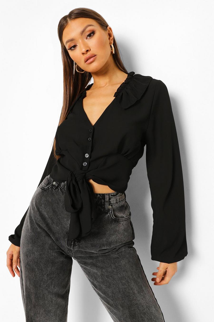 Black Woven Ruffle Tie Front Blouse image number 1