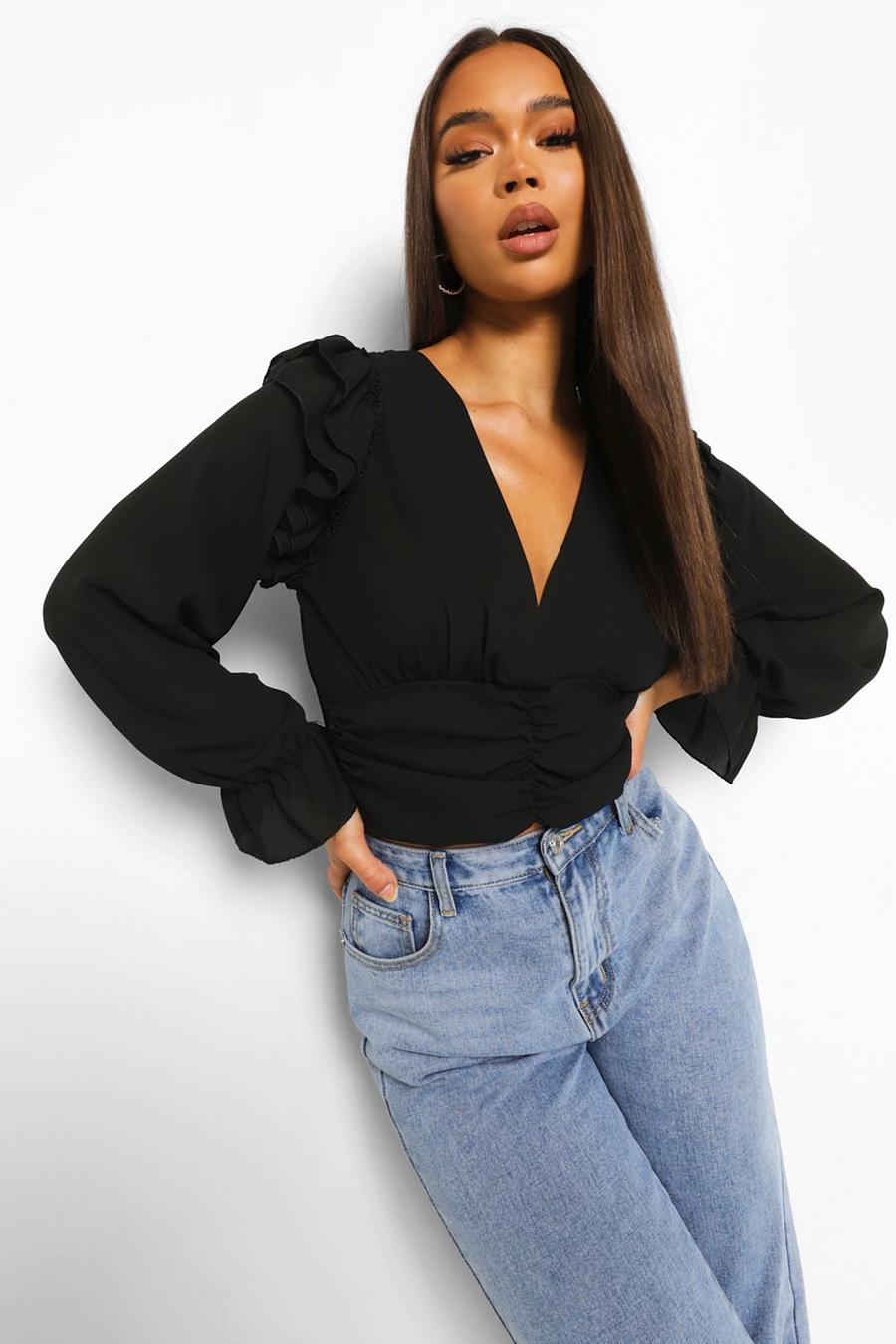 Black Ruffle And Ruched Long Sleeve Top image number 1