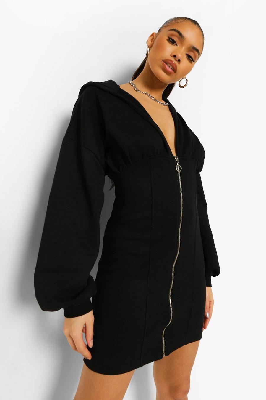 Vestido estilo sudadera con capucha y manga globo estilo corsé , Negro image number 1