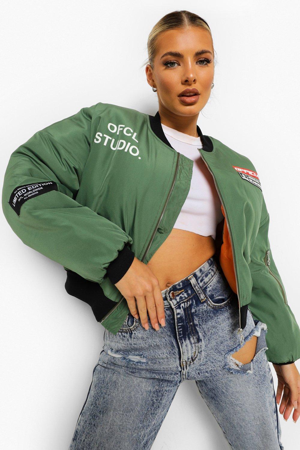 Crop Printed Oversized Bomber Jacket