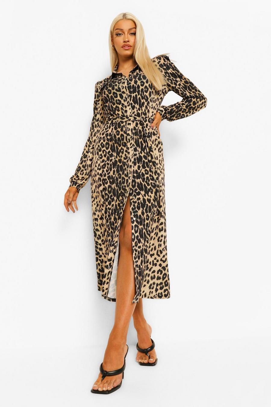 Brown Leopardmönstrad skjortklänning med knytskärp image number 1