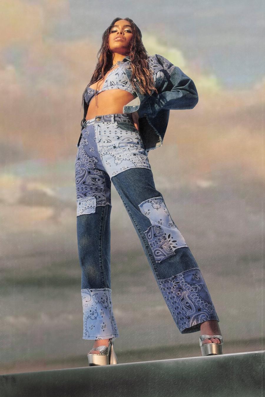 Mid blue Cropped Denim Jacket With Bandana Patchwork image number 1