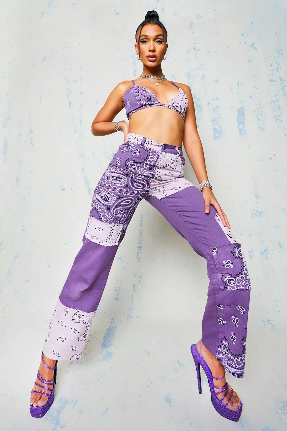 Purple Patchwork Boyfriend Jeans With Bandana Print alternative image