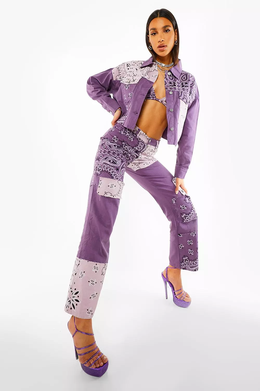 Purple Patchwork Boyfriend Jeans With Bandana Print alternative image