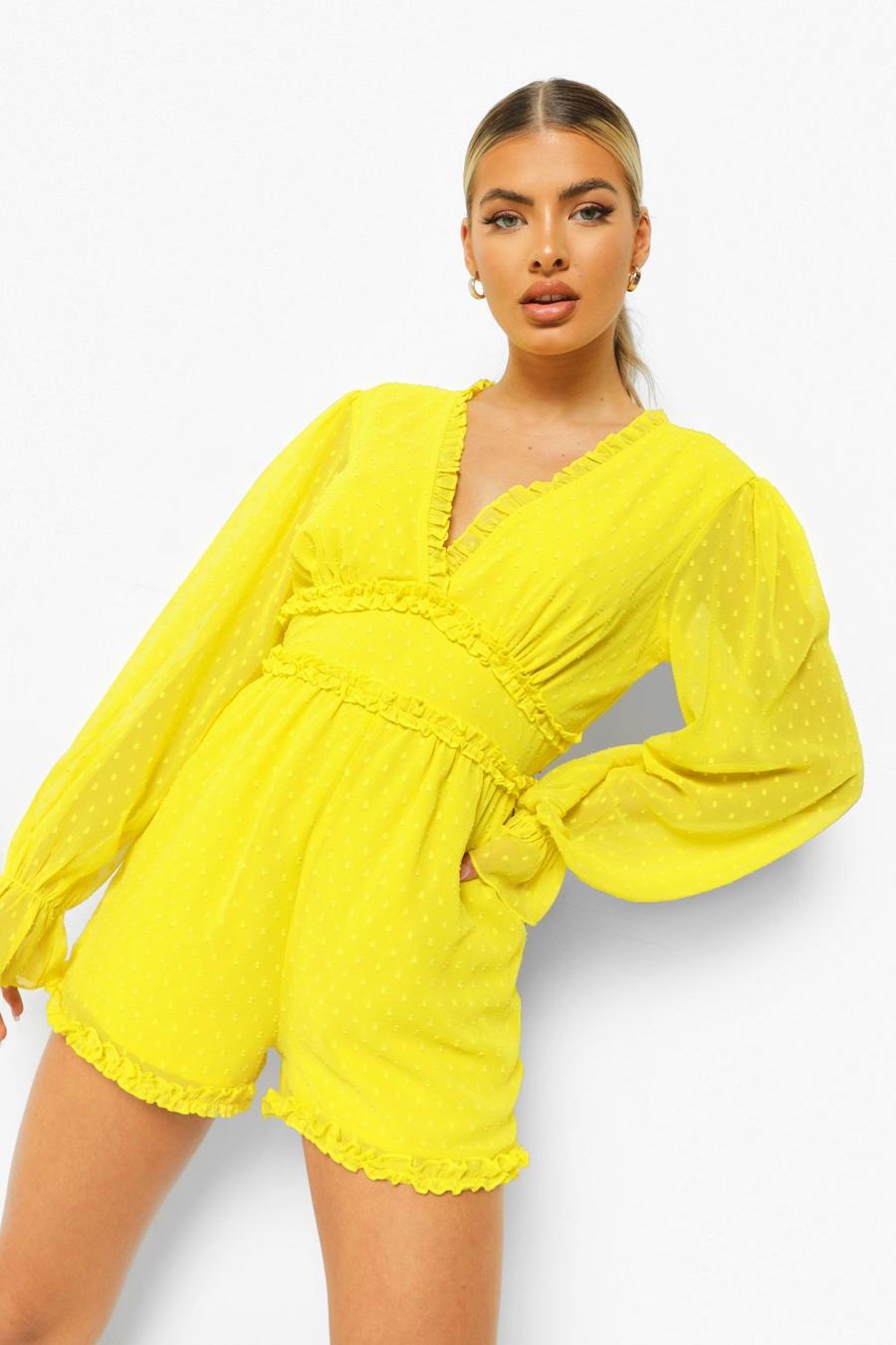 Mustard yellow Long Sleeve Cut Out Back Dobby Mesh Playsuit image number 1