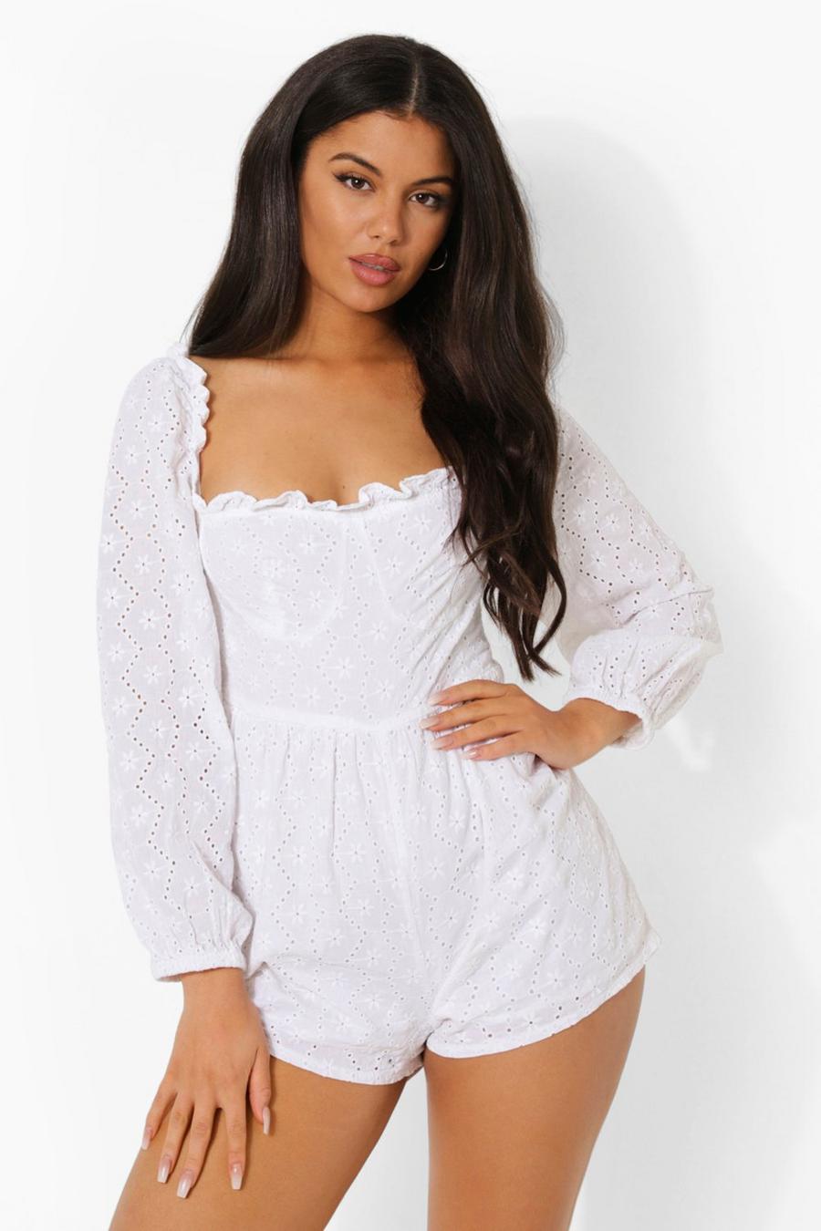 White Long Balloon Sleeve Broderie Playsuit image number 1