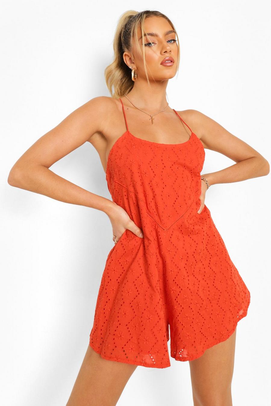 Orange Strappy Broderie Swing Playsuit image number 1