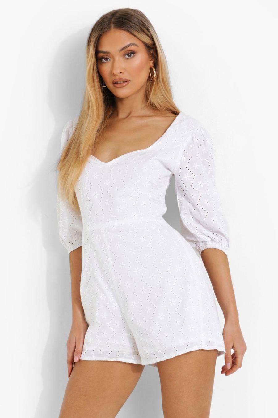 White Puff Sleeve Lace Up Back Broderie Playsuit image number 1