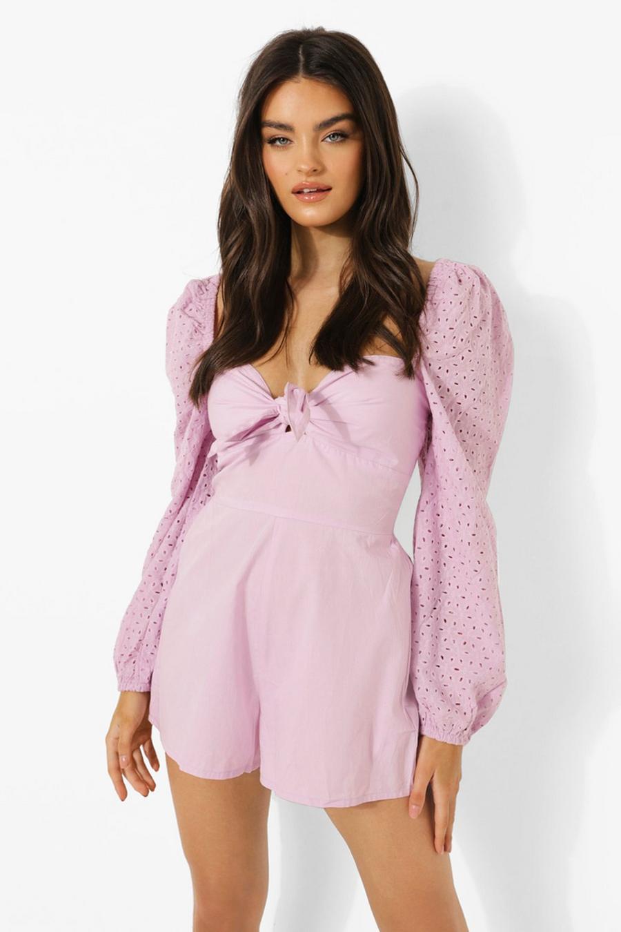 Lilac Long Sleeve Tie Front Broderie Playsuit image number 1