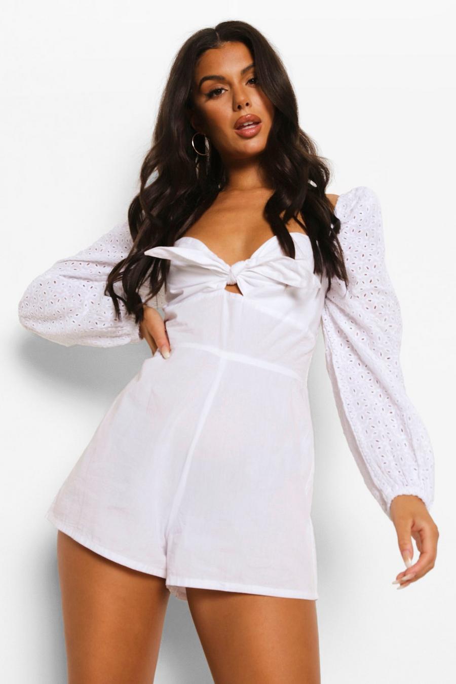 White Long Sleeve Tie Front Broderie Playsuit image number 1