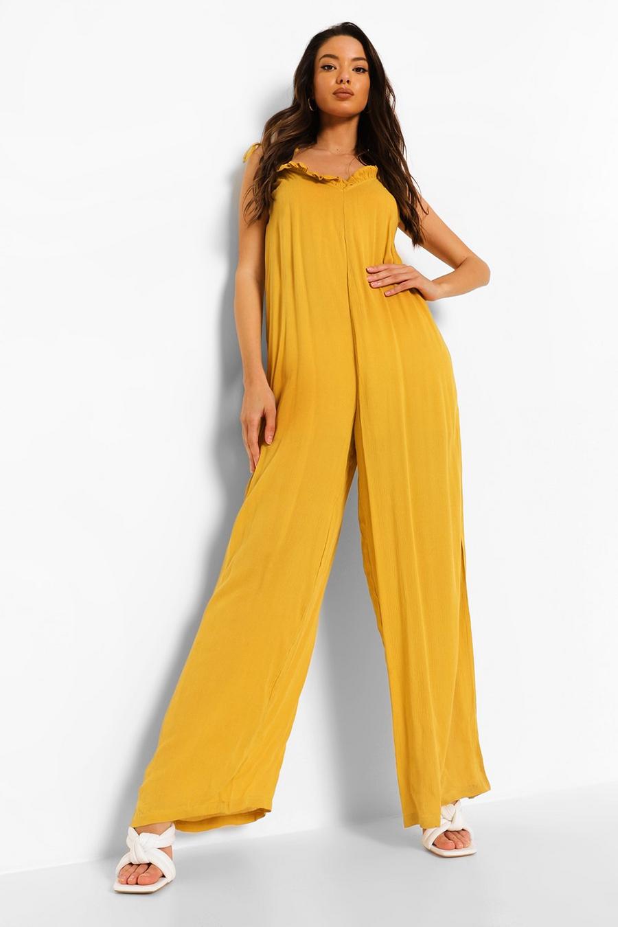 Mustard Cheesecloth Low Back Wide Leg Jumpsuit image number 1