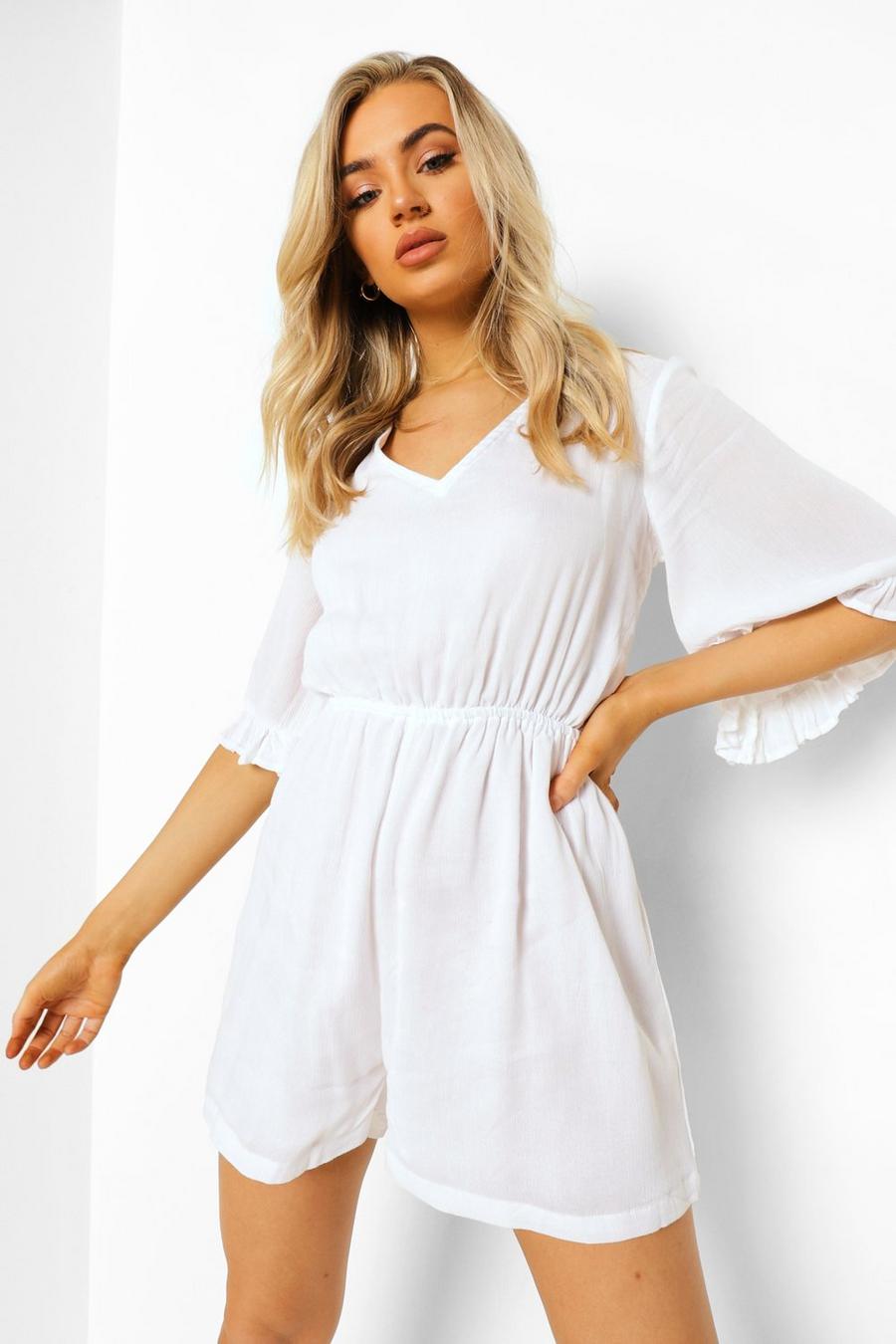 White Cheesecloth Lace Up Back Frill Romper image number 1