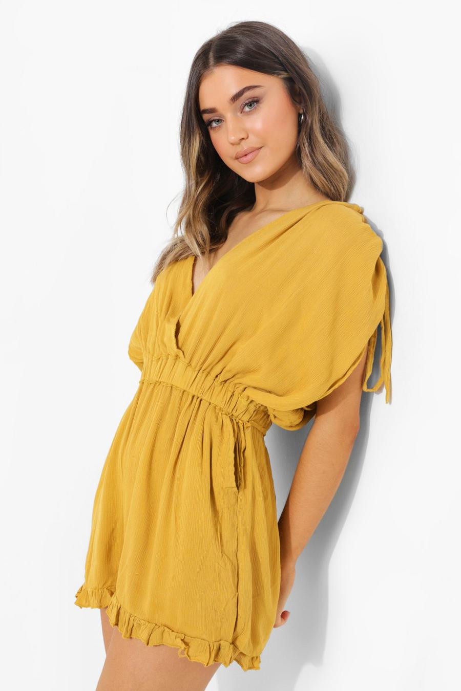 Mustard Cheesecloth Rouched Wrap Playsuit image number 1