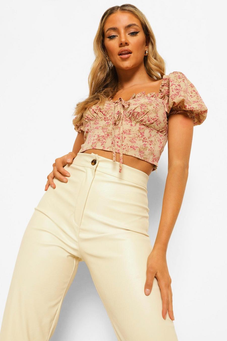 Mustard Woven Floral Puff Sleeve Crop Top image number 1