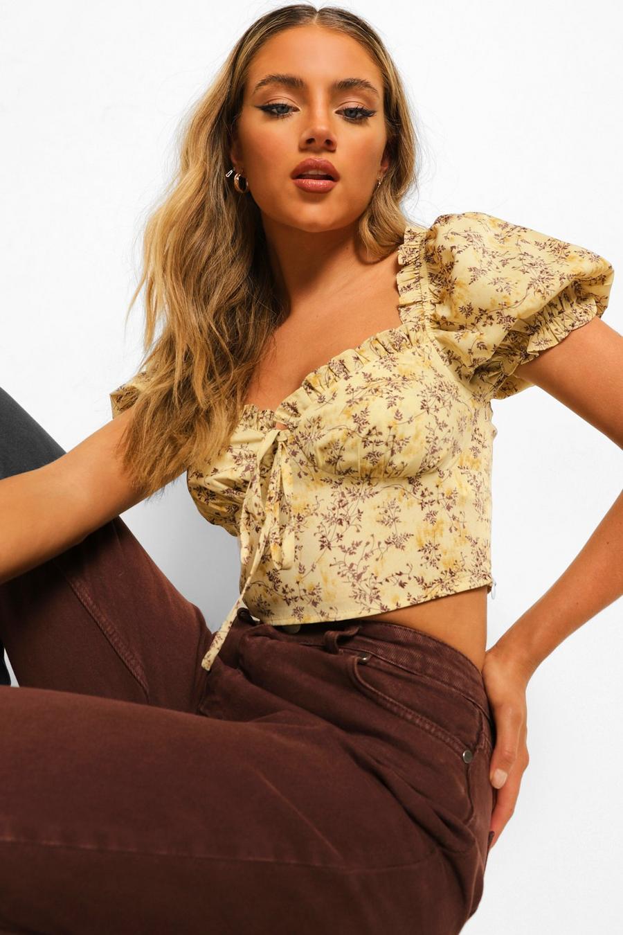 Stone Woven Floral Puff Sleeve Crop Top image number 1