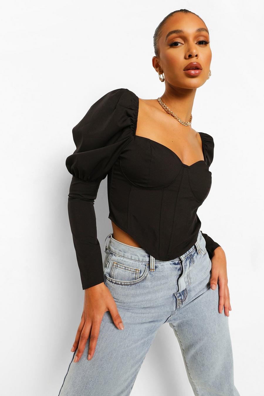 Black Woven Puff Sleeve Sweetheart Top image number 1