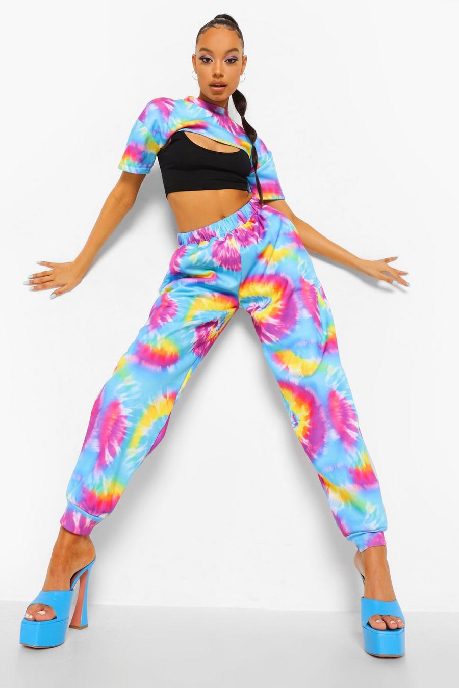 Blue Tie Dye Cut Out Crop Top And Jogger Set image number 1