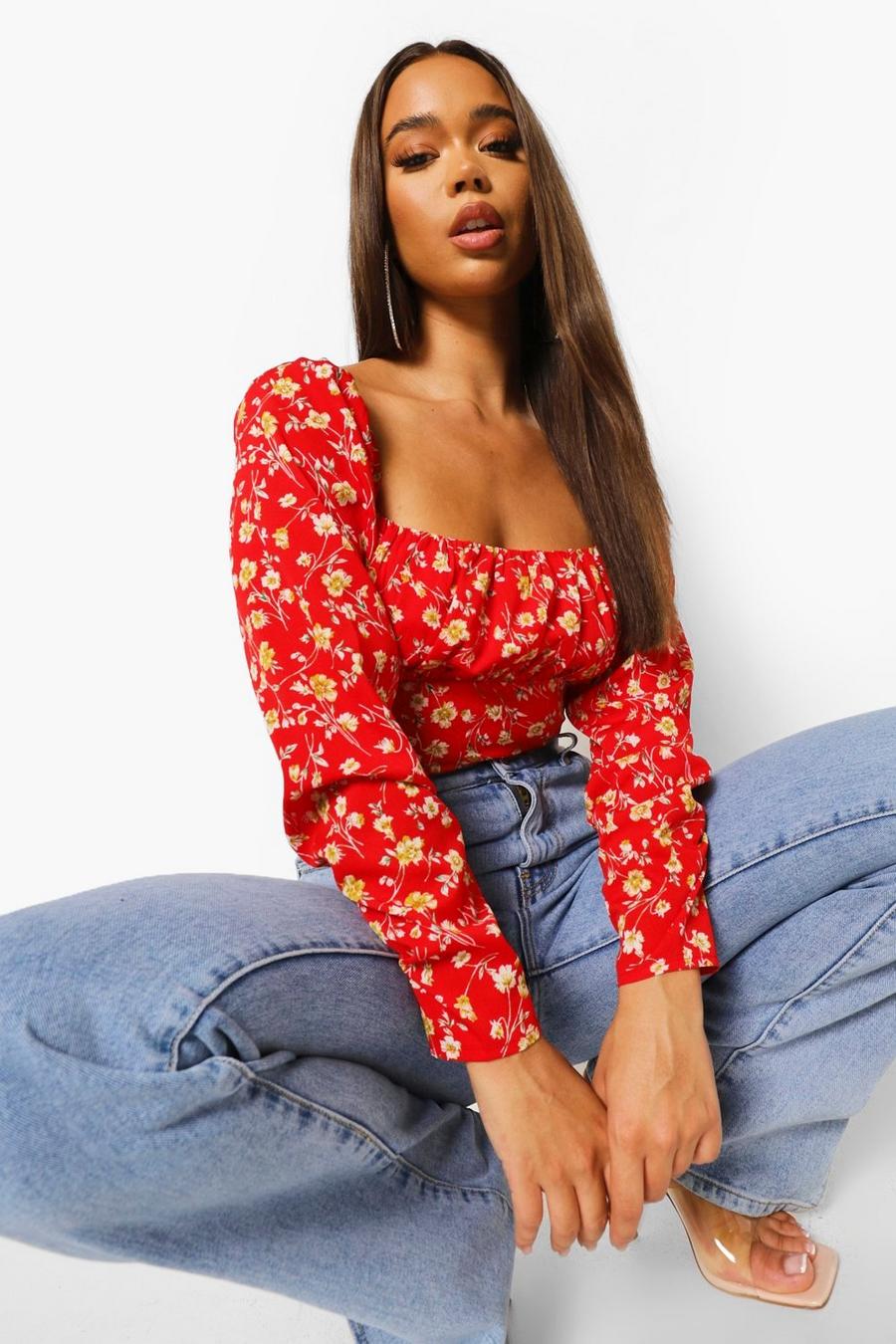 Red Woven Floral Square Neck Top image number 1