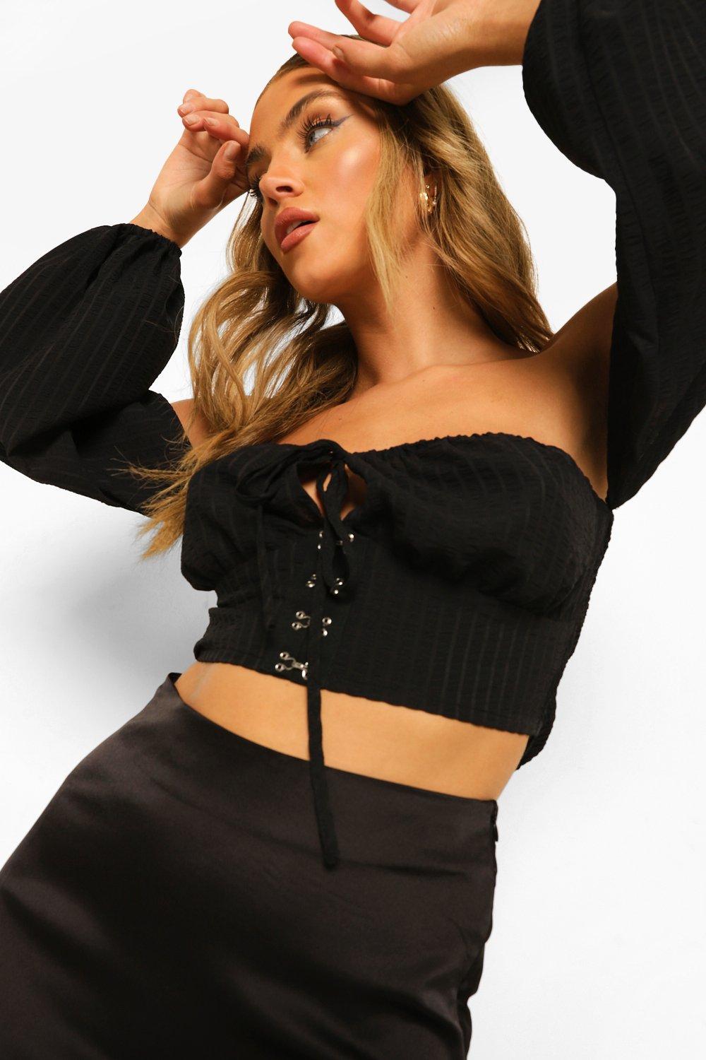 Woven Off The Shoulder Hook And Eye Crop Top