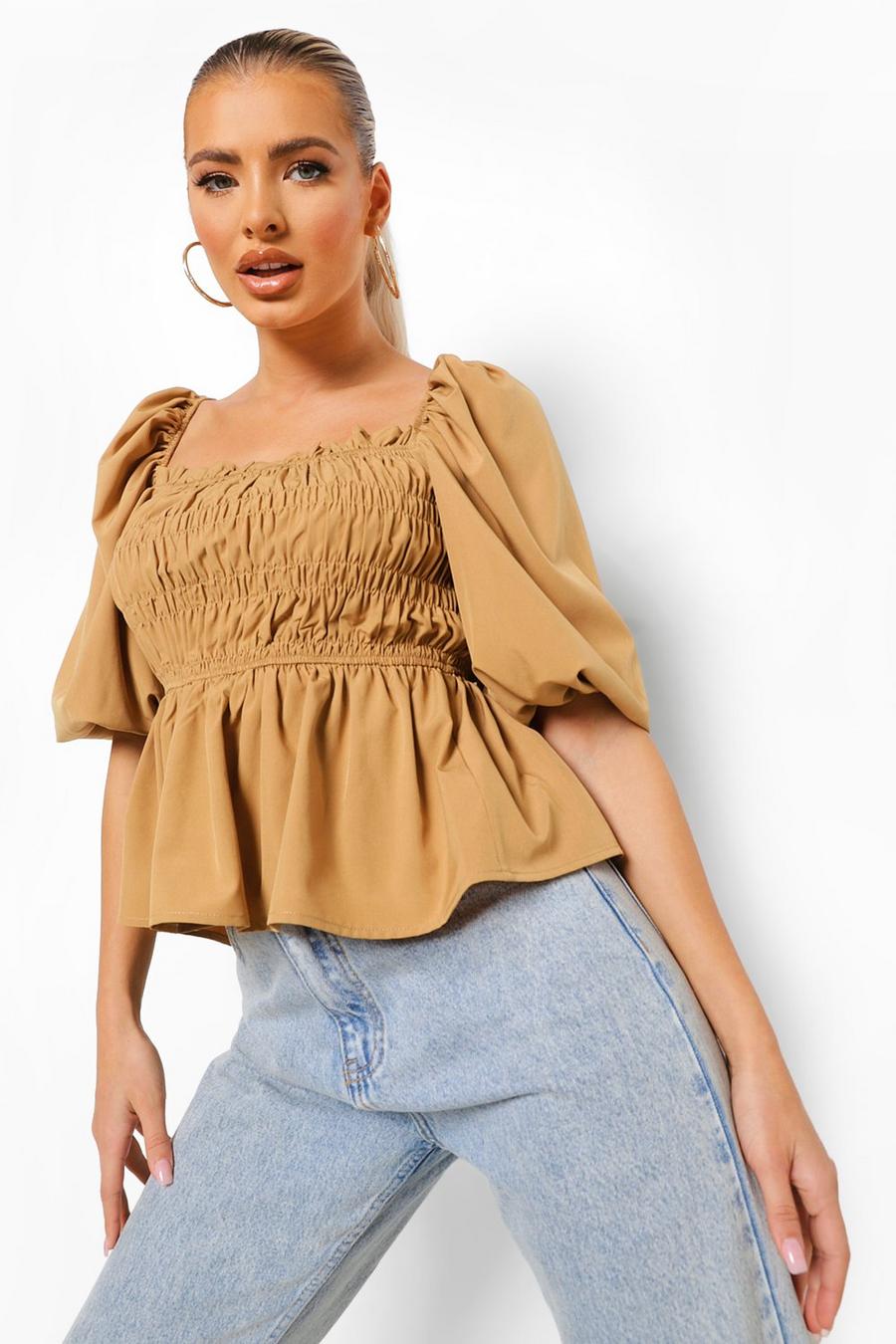 Camel Woven Shirred Puff Sleeve Smock Top image number 1