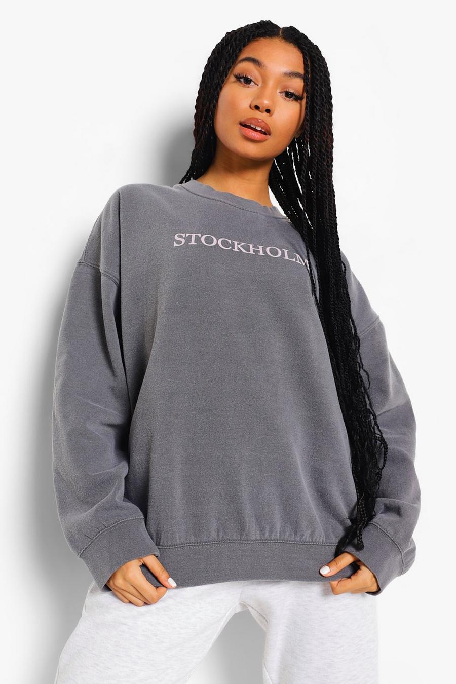 Überfärbtes Sweatshirt in Übergröße mit „Stockholm“-Print , Anthrazit image number 1