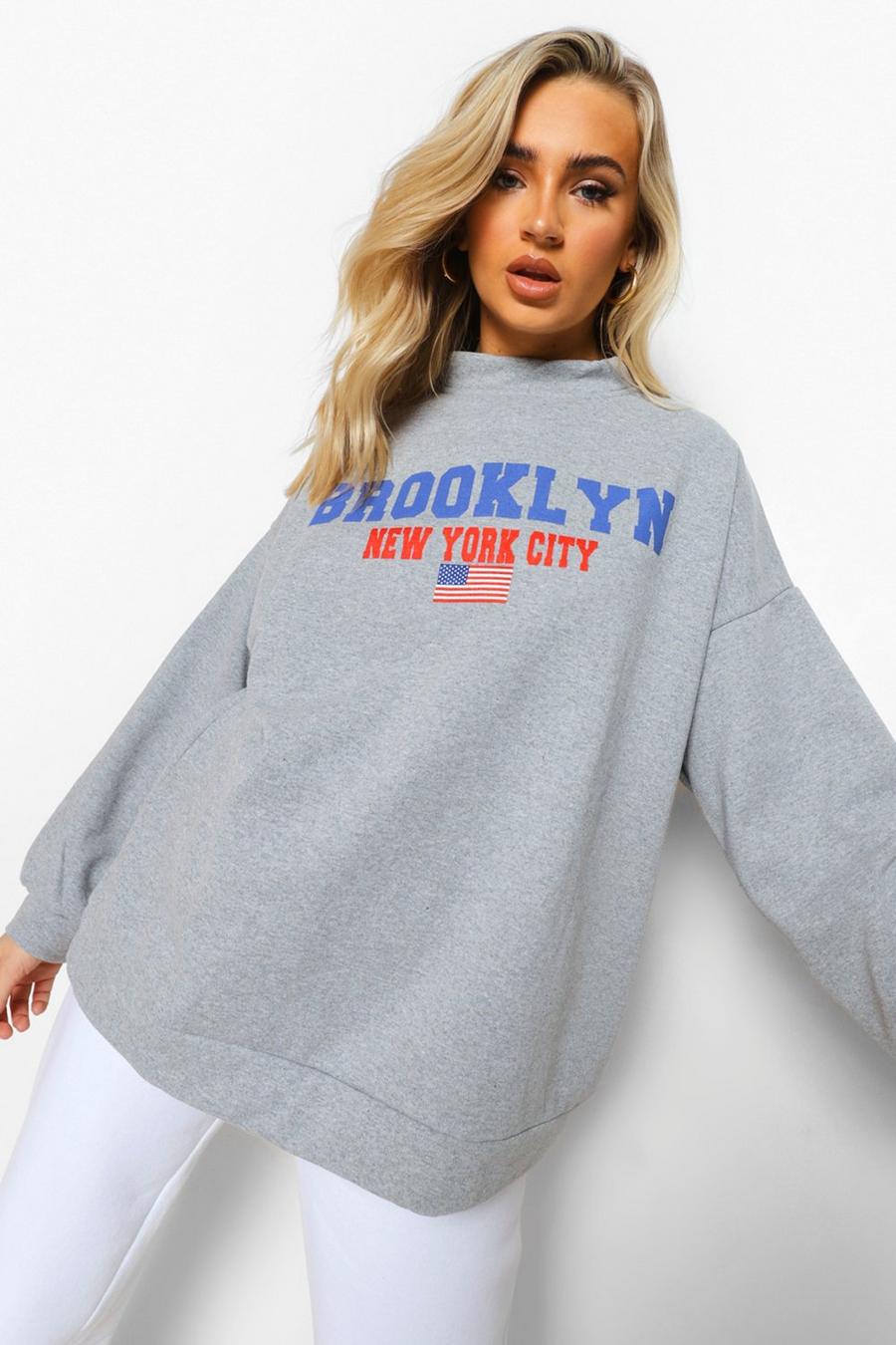 Crop Sweatshirt mit „Brooklyn“-Slogan , Grau meliert image number 1