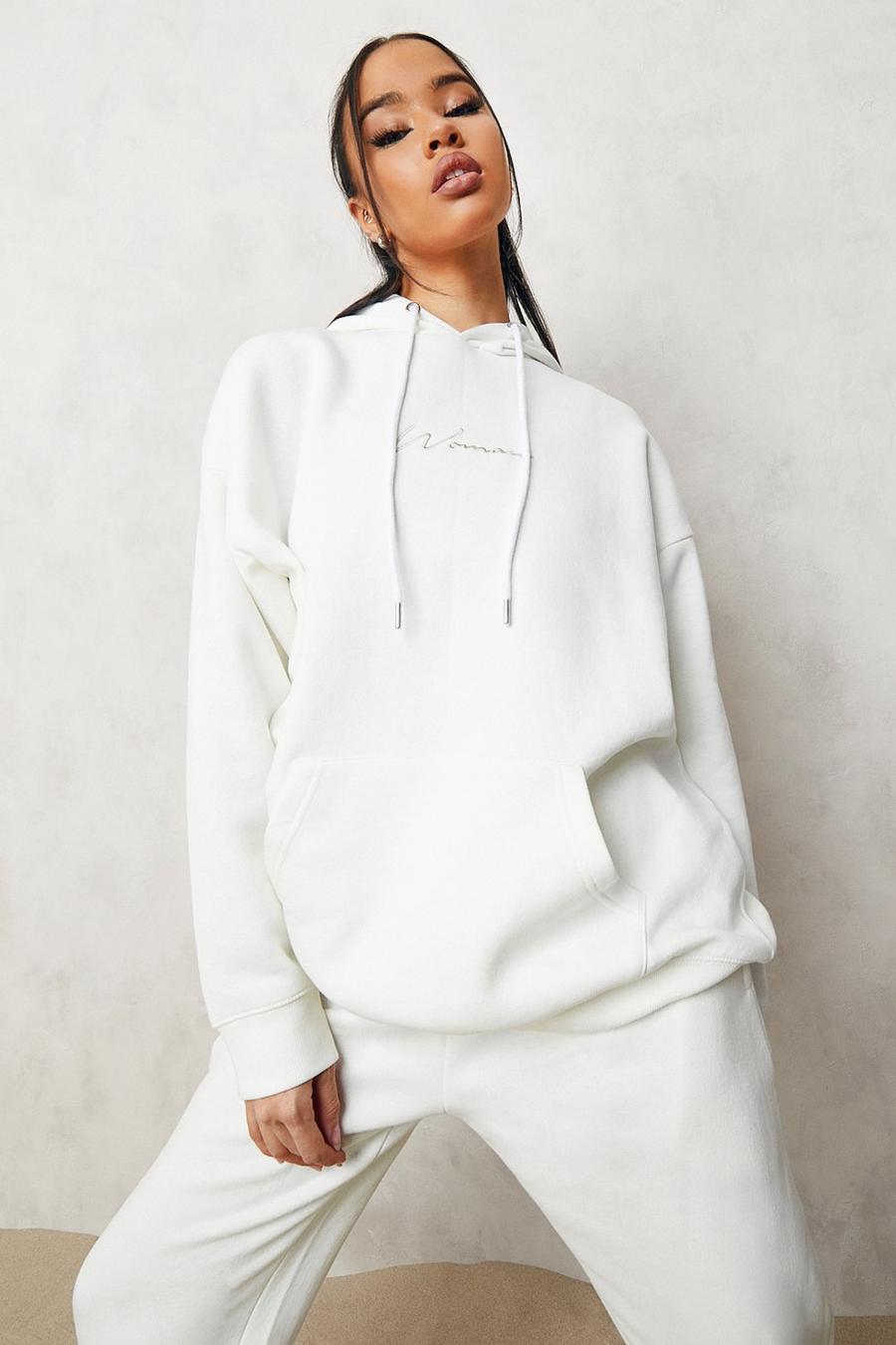 Ecru Woman Oversized Embroidered  Hoodie image number 1