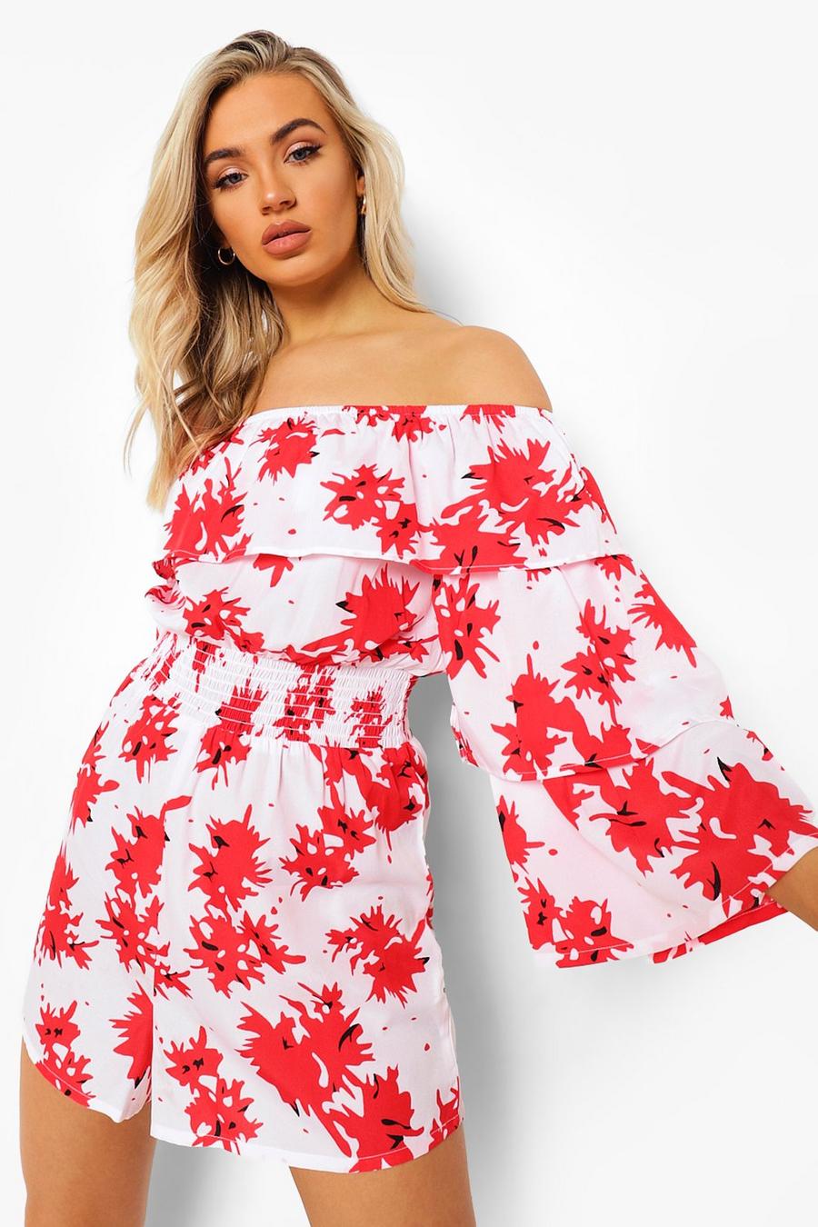 White Bardot Floral Print Frill Sleeve Playsuit image number 1