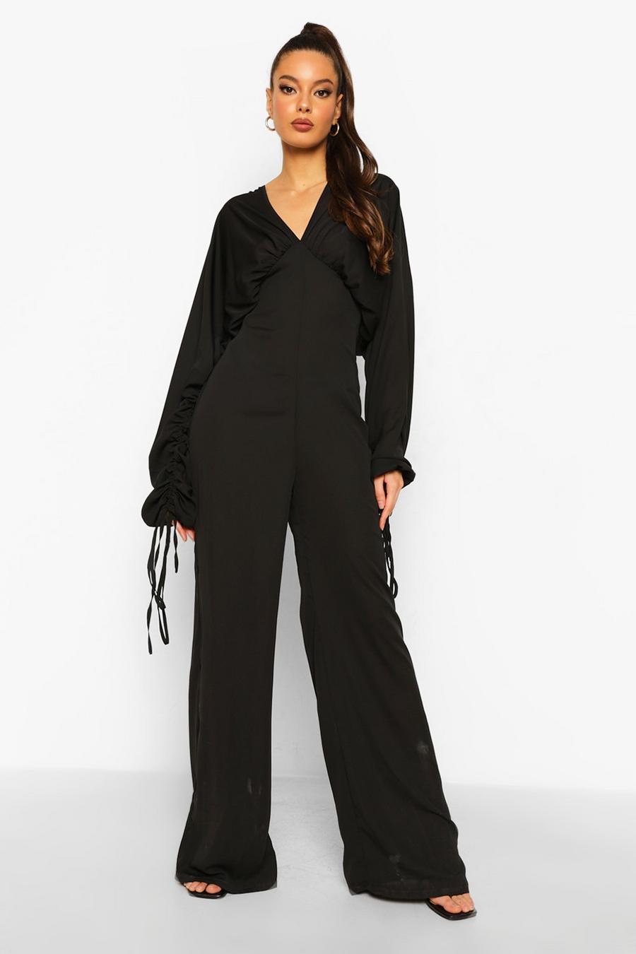 Black Jumpsuit med rynkad ärm och vida ben image number 1