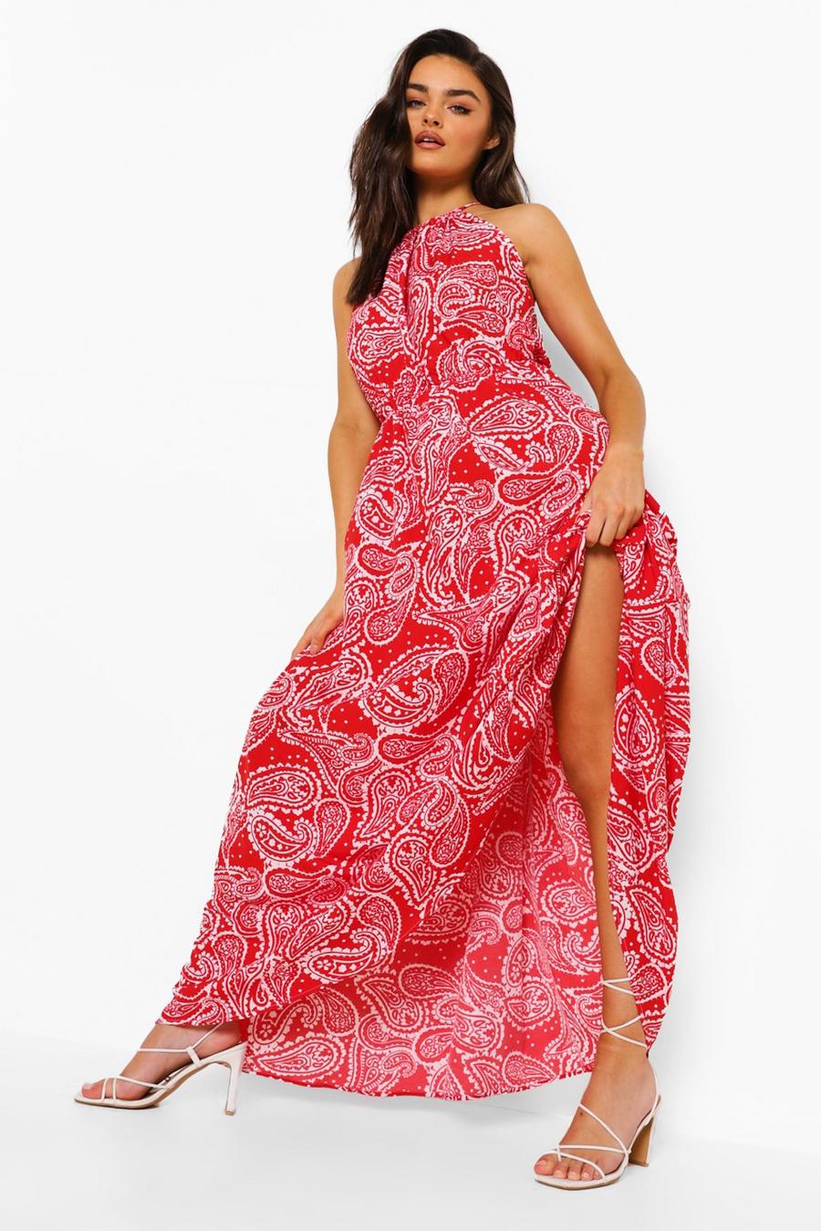 אדום שמלת מקסי עם צווארון רייסר והדפס פייזלי image number 1