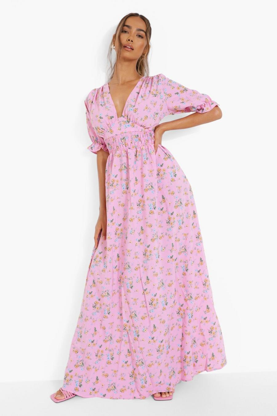 Pink Ditsy Floral Shirred Waist Maxi Dress image number 1