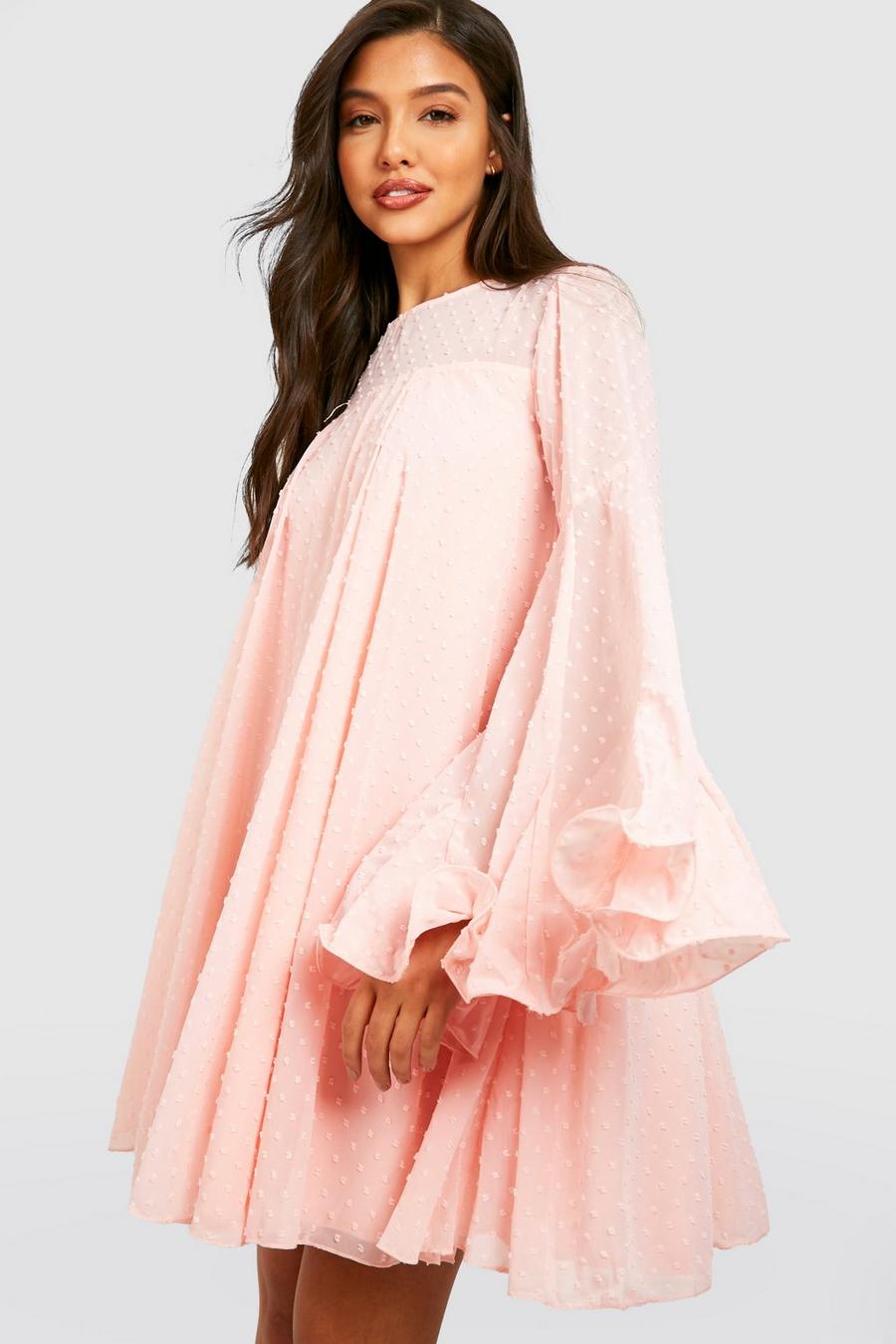 Pink Dobby Mesh Pleated Detail Smock Dress image number 1