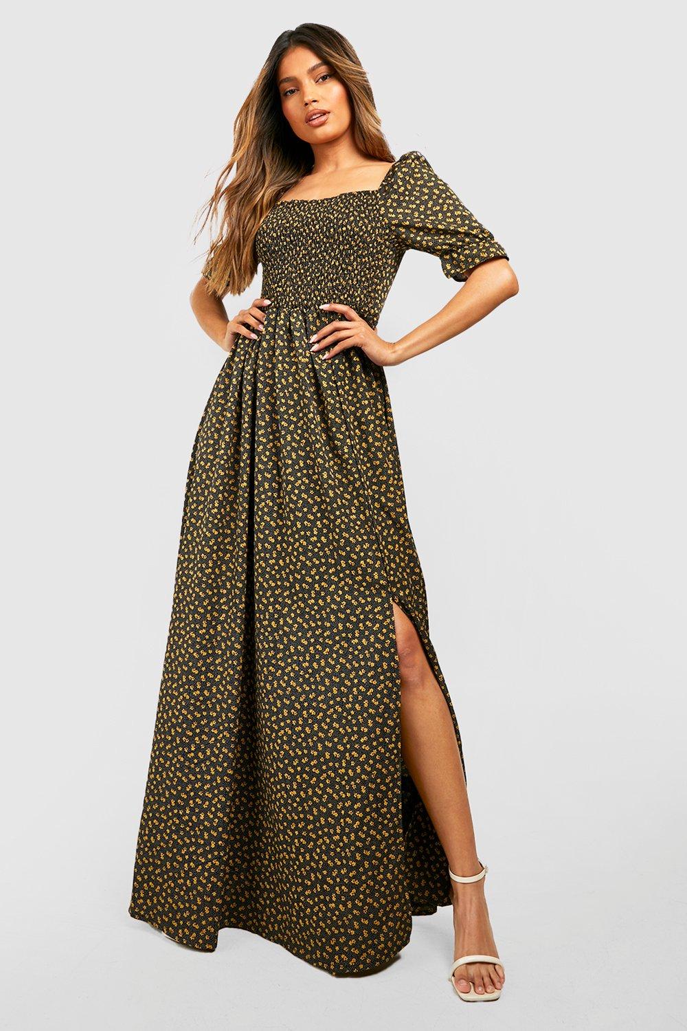 Ditsy Floral Square Neck Shirred Maxi Dress