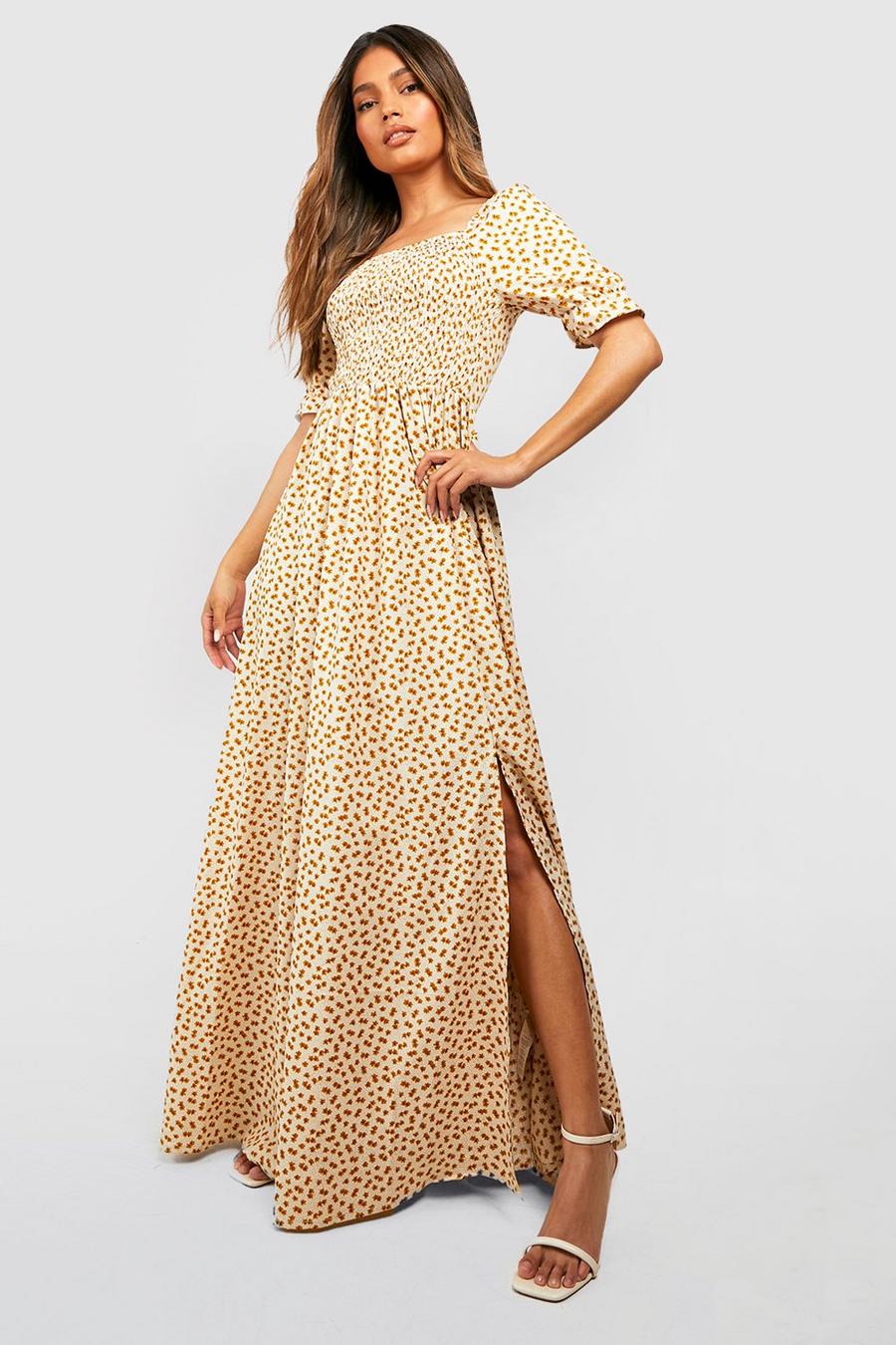 Cream Ditsy Floral Square Neck Shirred Maxi Dress image number 1