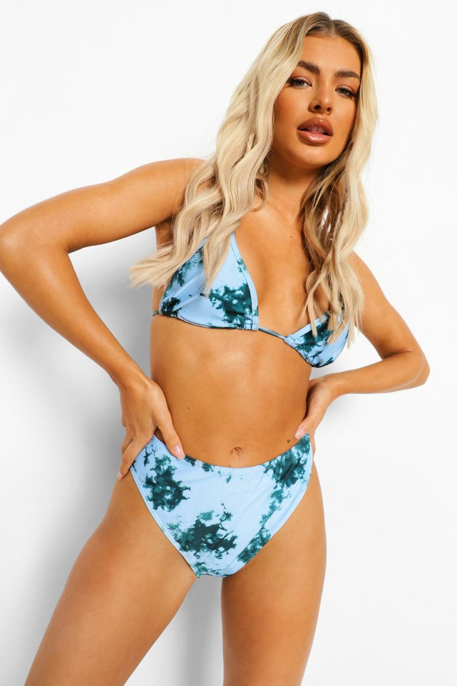 Slip bikini a vita alta con sgambatura alta e stampa a inchiostro , Azzurro image number 1