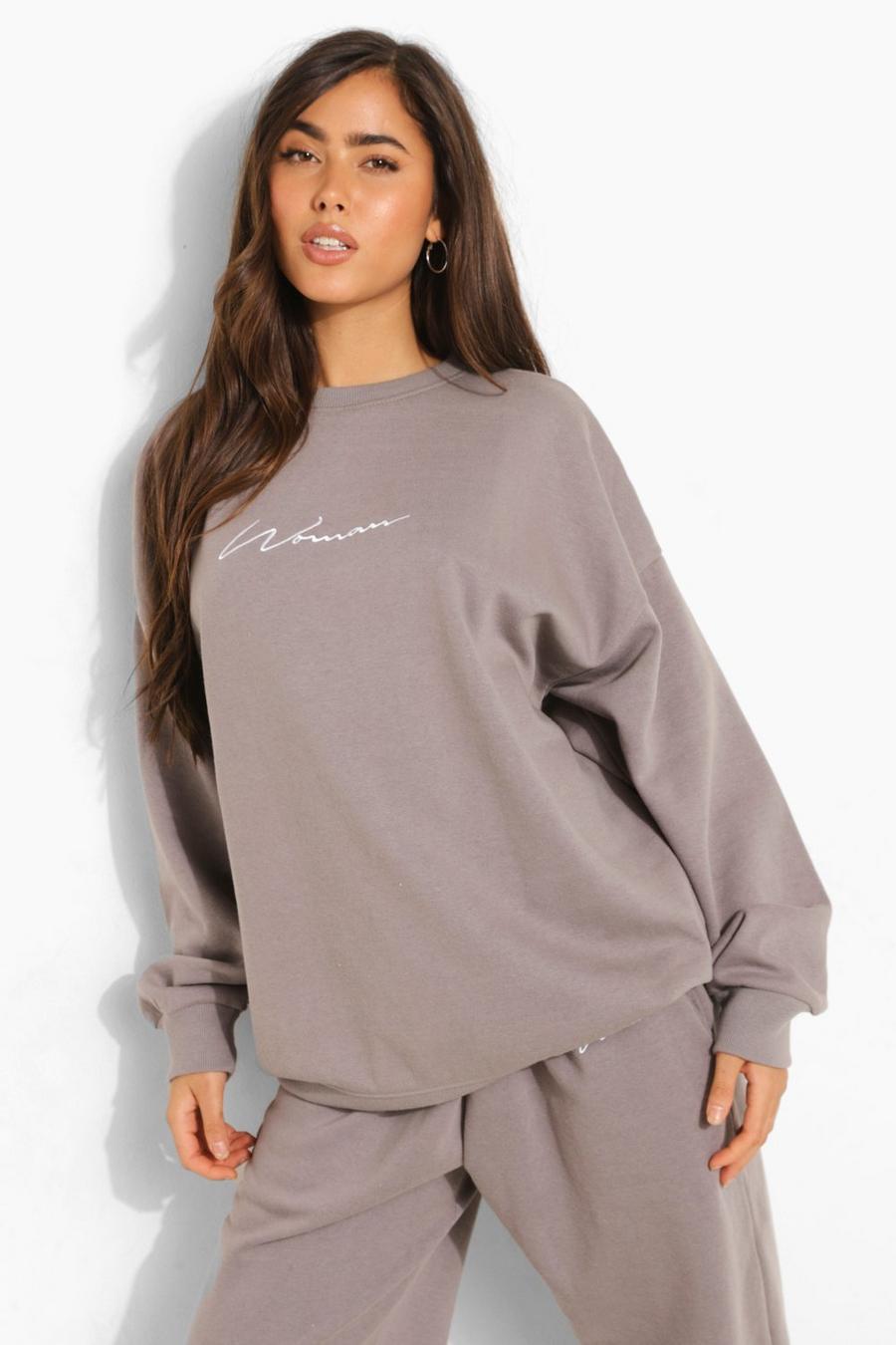 Charcoal Oversized Embroidered Woman Script Sweatshirt image number 1