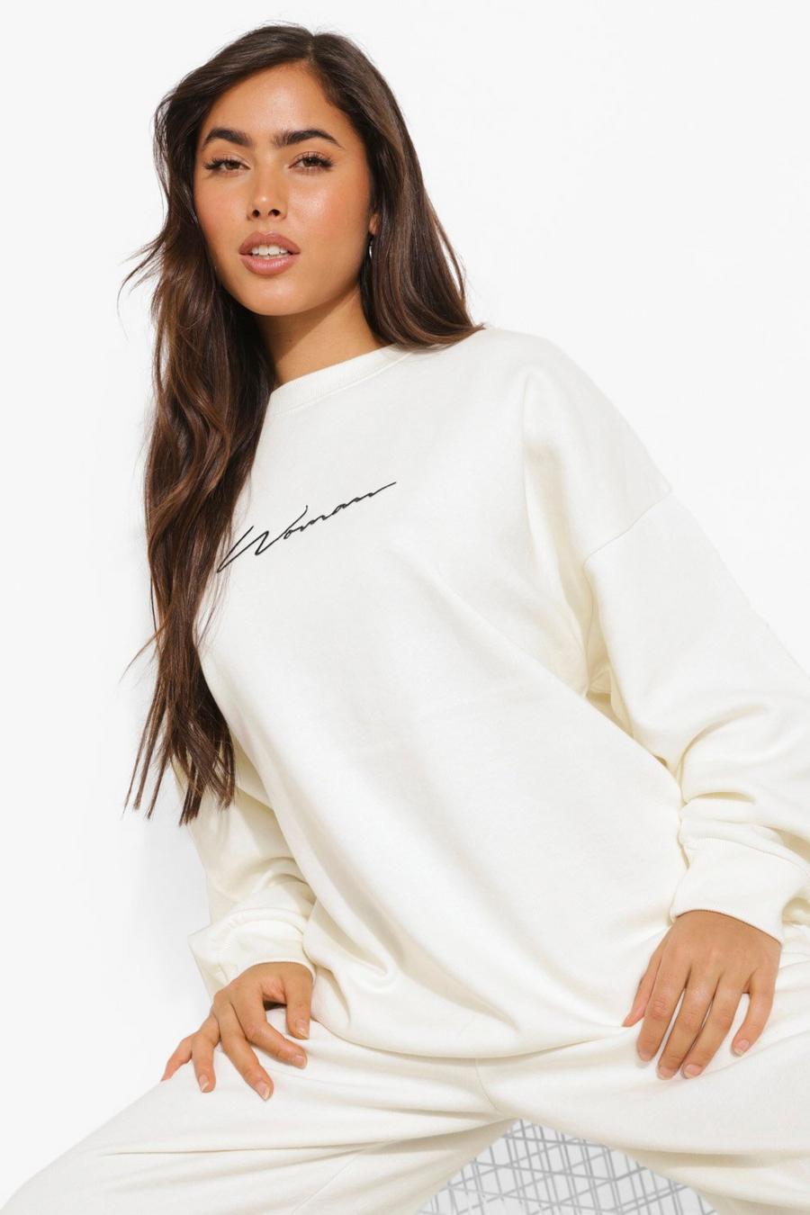 Oversized-Sweatshirt mit aufgesticktem „Woman“-Slogan, Naturfarben image number 1