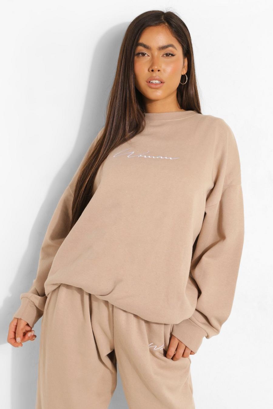 Taupe Oversized Embroidered Woman Script Sweatshirt image number 1