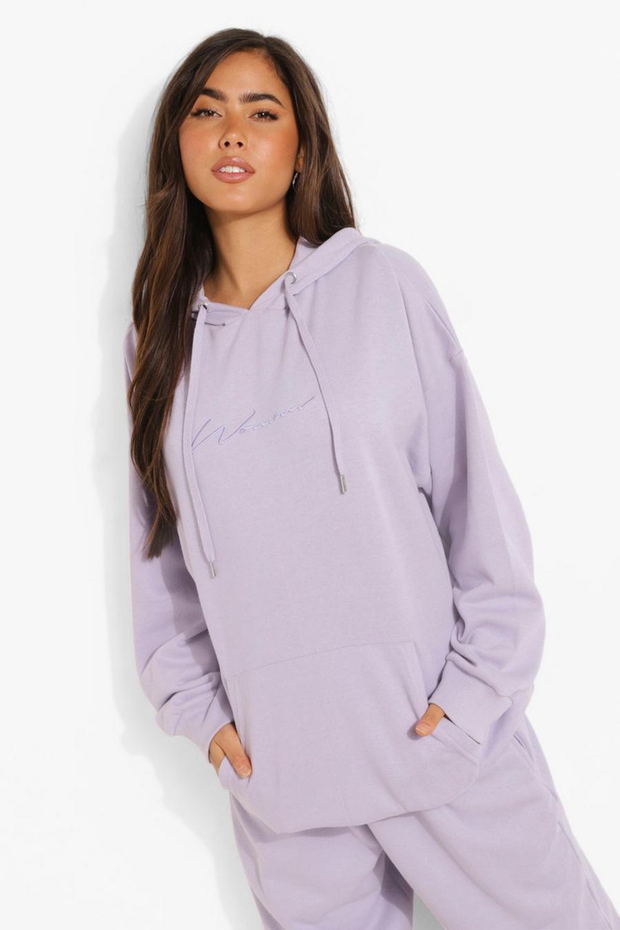 Lilac Oversized Embroidered Woman Script Hoodie image number 1