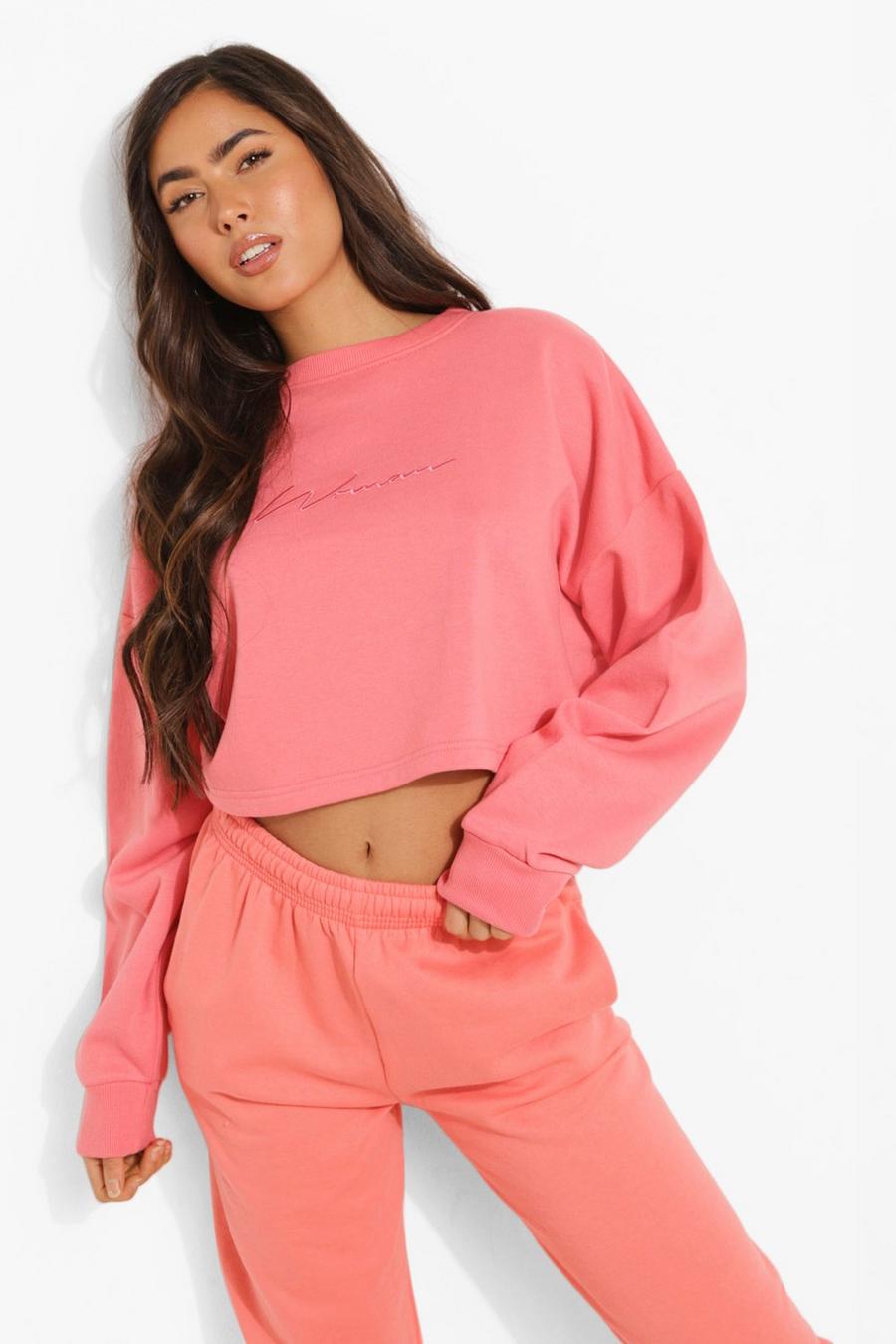Coral Cropped Woman Embroidered Sweatshirt image number 1