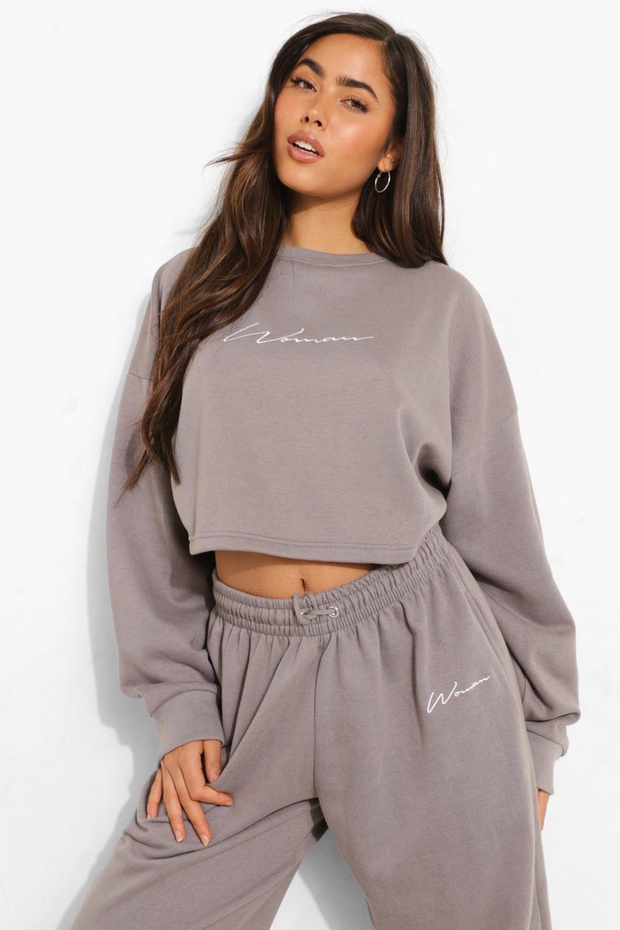 Charcoal Cropped Woman Embroidered Sweatshirt image number 1