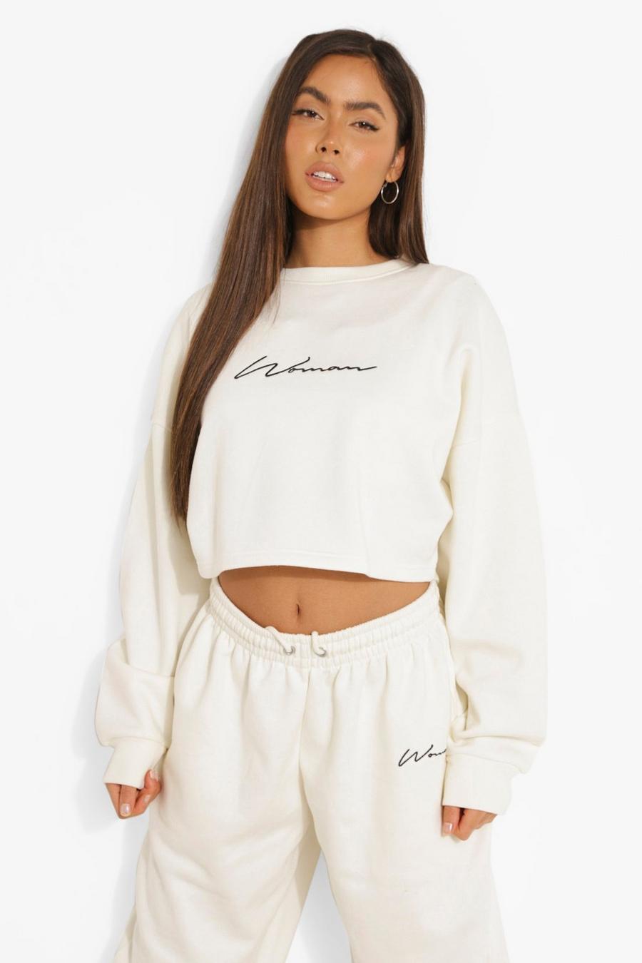 Ecru Cropped Woman Embroidered Sweatshirt image number 1