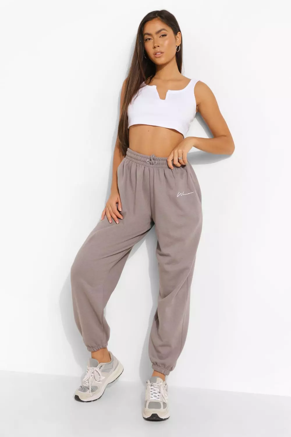 Women's Grey Oversized Embroidered Woman Joggers