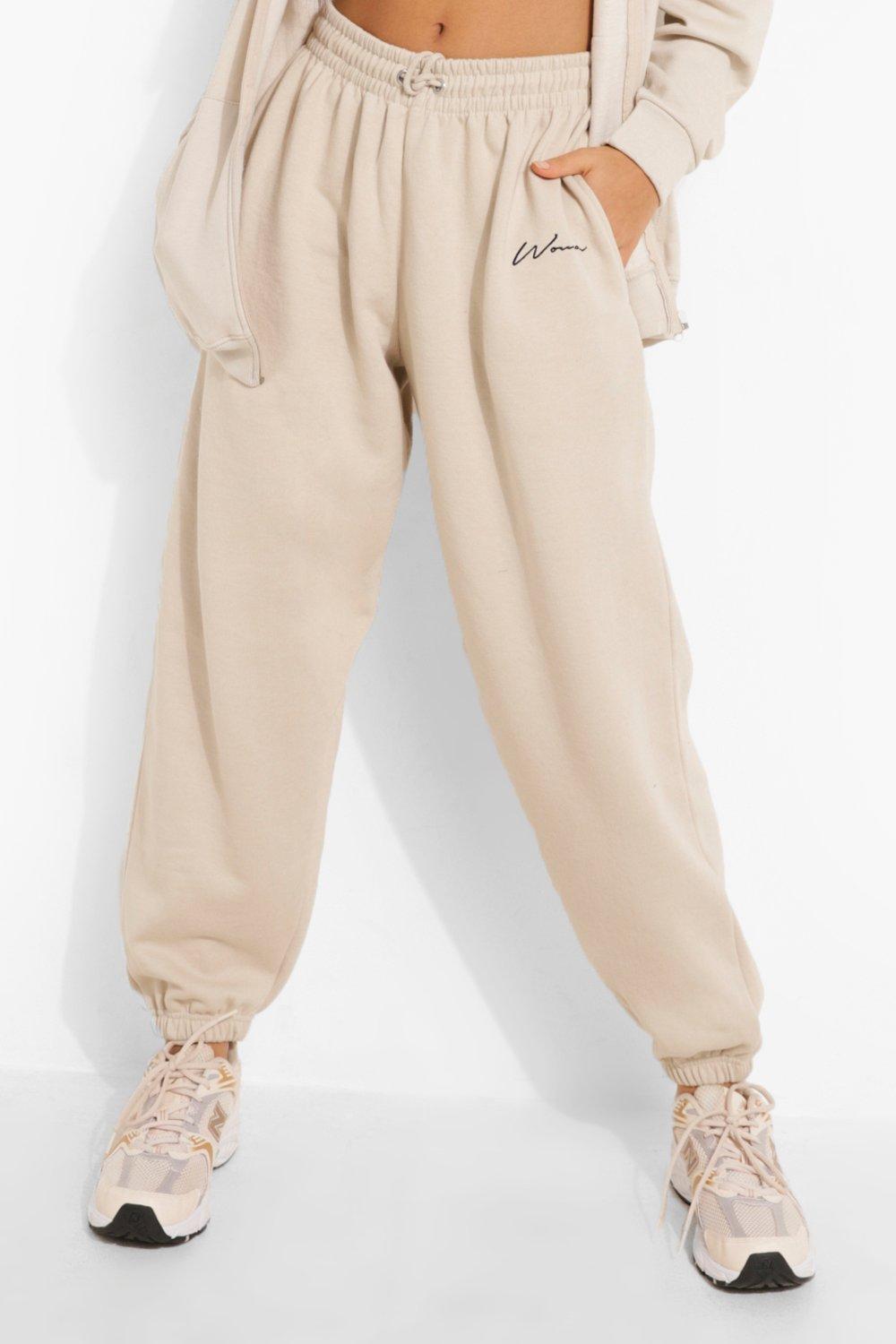 Beige Oversized Embroidered Woman Joggers