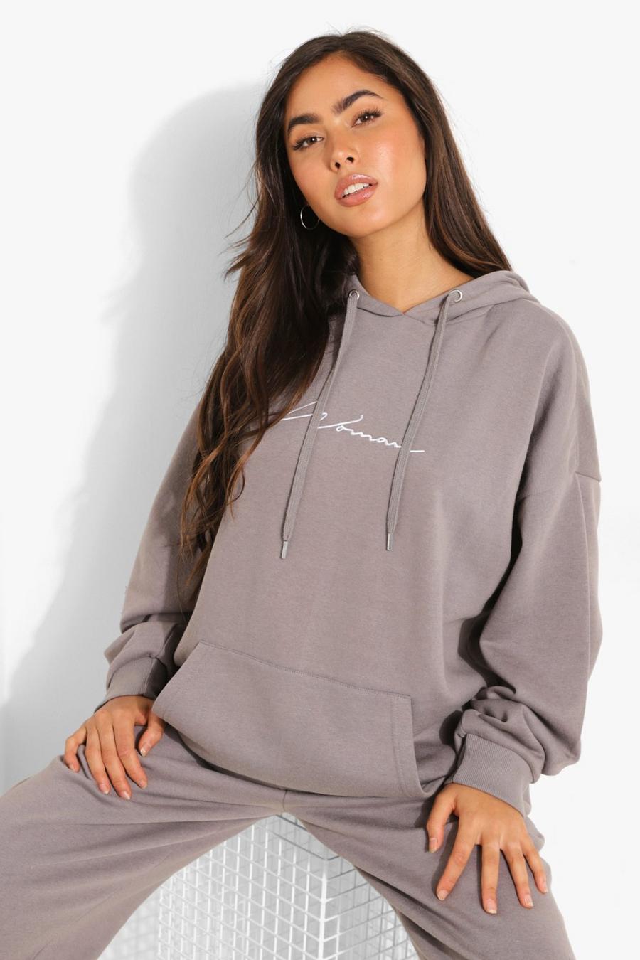 Charcoal Oversized Embroidered Woman Script Hoodie image number 1