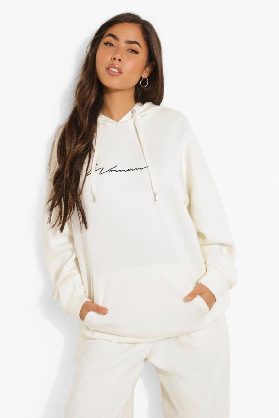 Ecru Oversized Embroidered Woman Script Hoodie image number 1