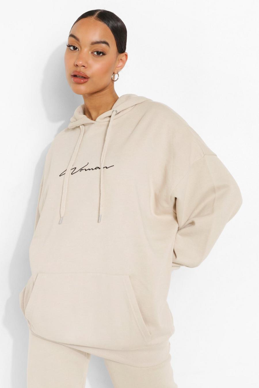 Stone Oversized Embroidered Woman Script Hoodie image number 1