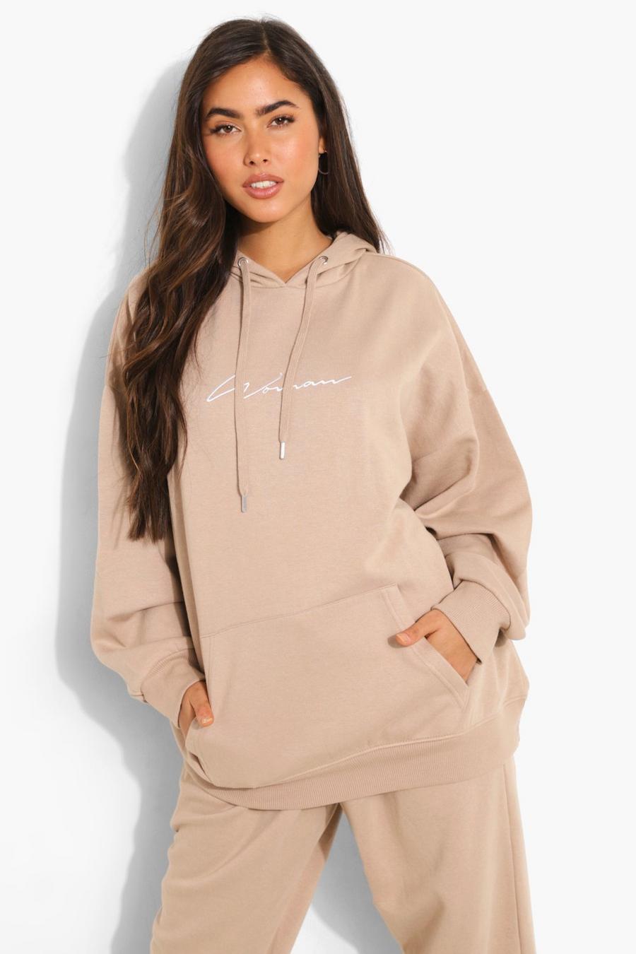 Taupe Oversized Embroidered Woman Script Hoodie image number 1