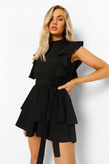 Black High Neck Frill Detail Belted Romper